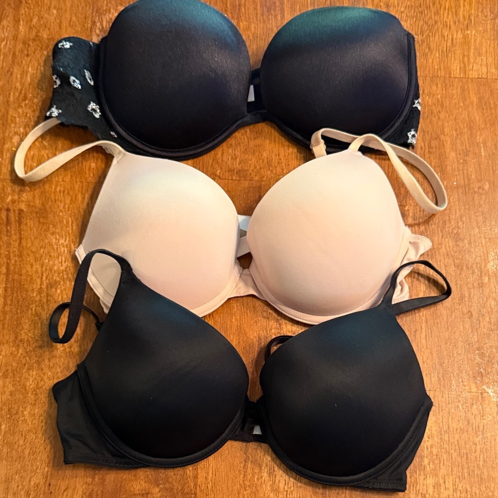 PINK Women's Black and tan THREE Bra Set, wear everywhere push-up style